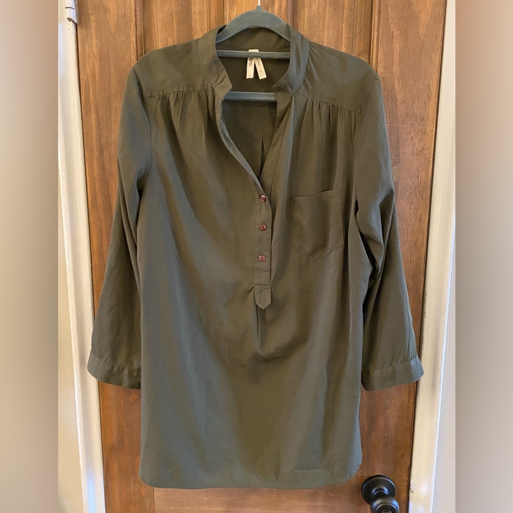 Dark Olive Green Blouse Lightweight Button Up Flowy Top - Size Large
